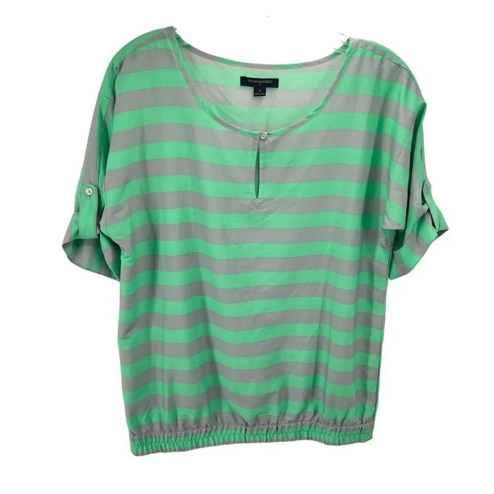 Banana Republic Womens Blouse Top Striped Roll Tab Sleeve Small Green Gray